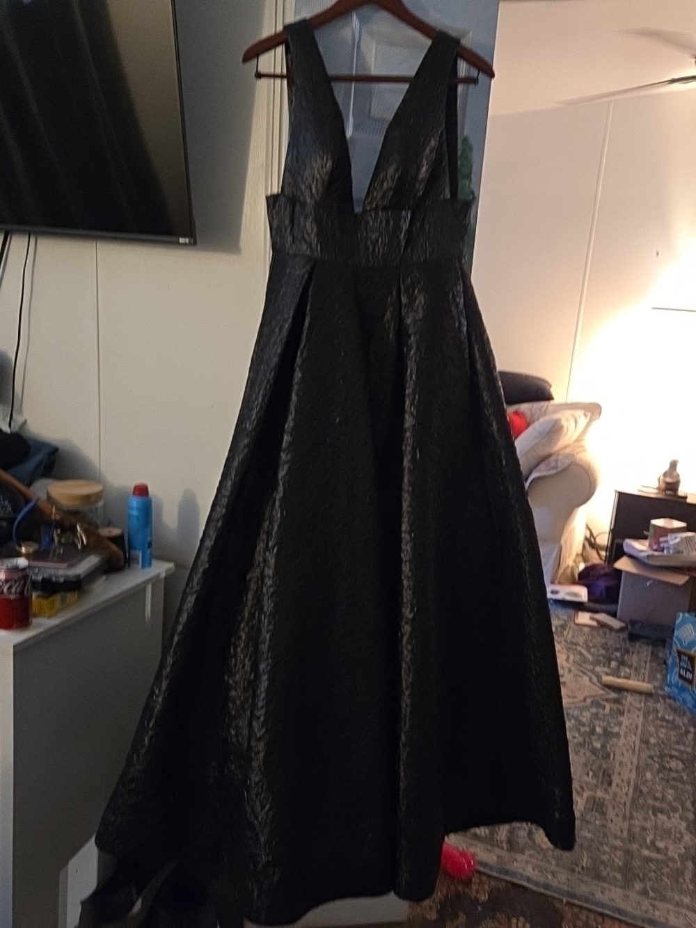 Mac Duggal Black Textured Deep V A-Line Prom Dress